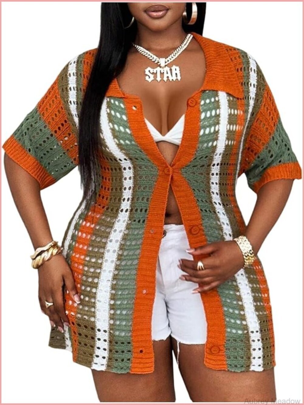 Women's Plus Size Striped Short Sleeve Sweater Button Front Crochet Cardigan